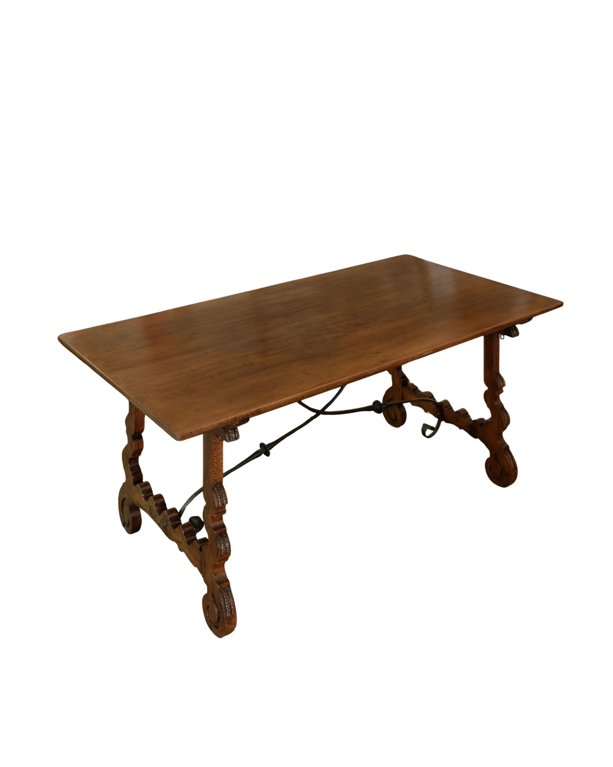CARVED LEG SPANISH TABLE w. WROUGHT IRON CROSS BRACE