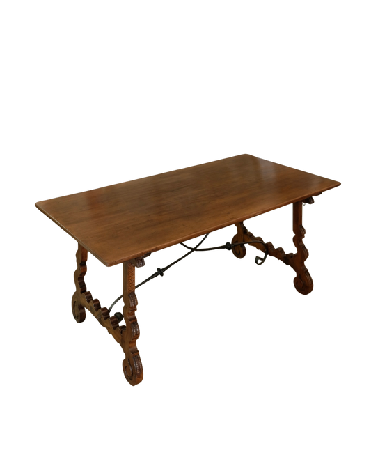 CARVED LEG SPANISH TABLE w. WROUGHT IRON CROSS BRACE