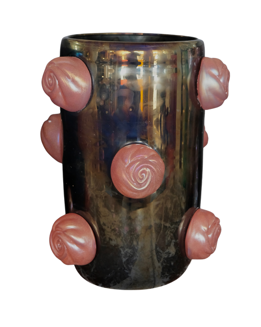DARK IRIDESCENT MURANO VASE w. APPLIED PINK SWIRLS
