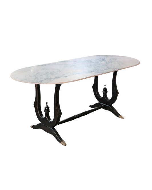 HAND CARVED WALNUT BASED BISTRO TABLE w. MARBLE TOP