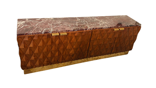 BRUTALIST CROSS HATCH TIMBER & BRASS CONSOLE w. MARBLE TOP