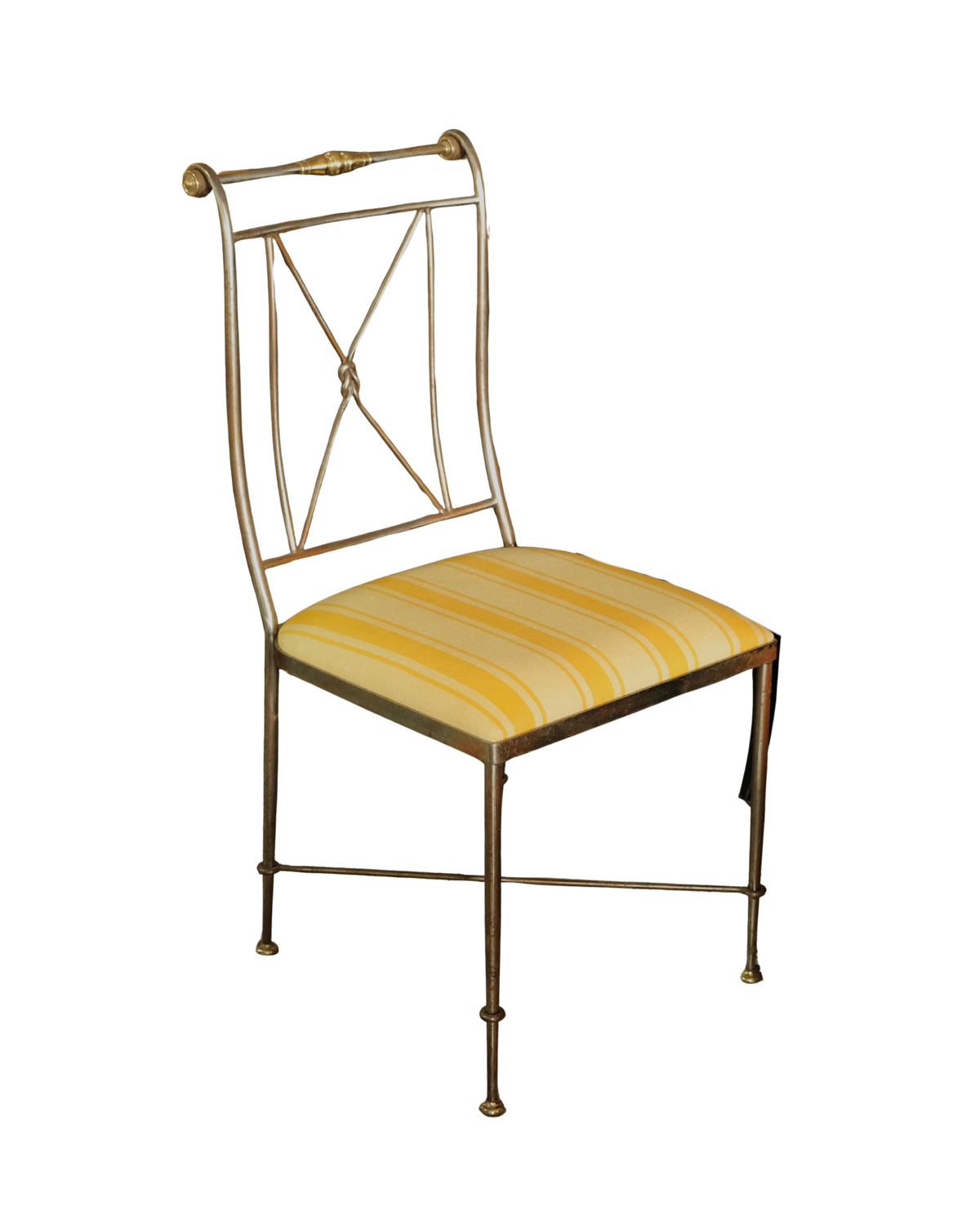 PAIR OF NEOCLASSICAL METAL & BRASS CHAIRS w. MAREMMA RIGATO LINEN SEATS