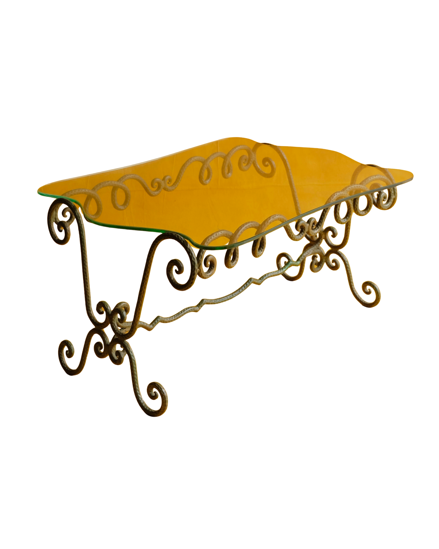 DIMPLED GREEN WROUGHT IRON GLASS COFFEE TABLE