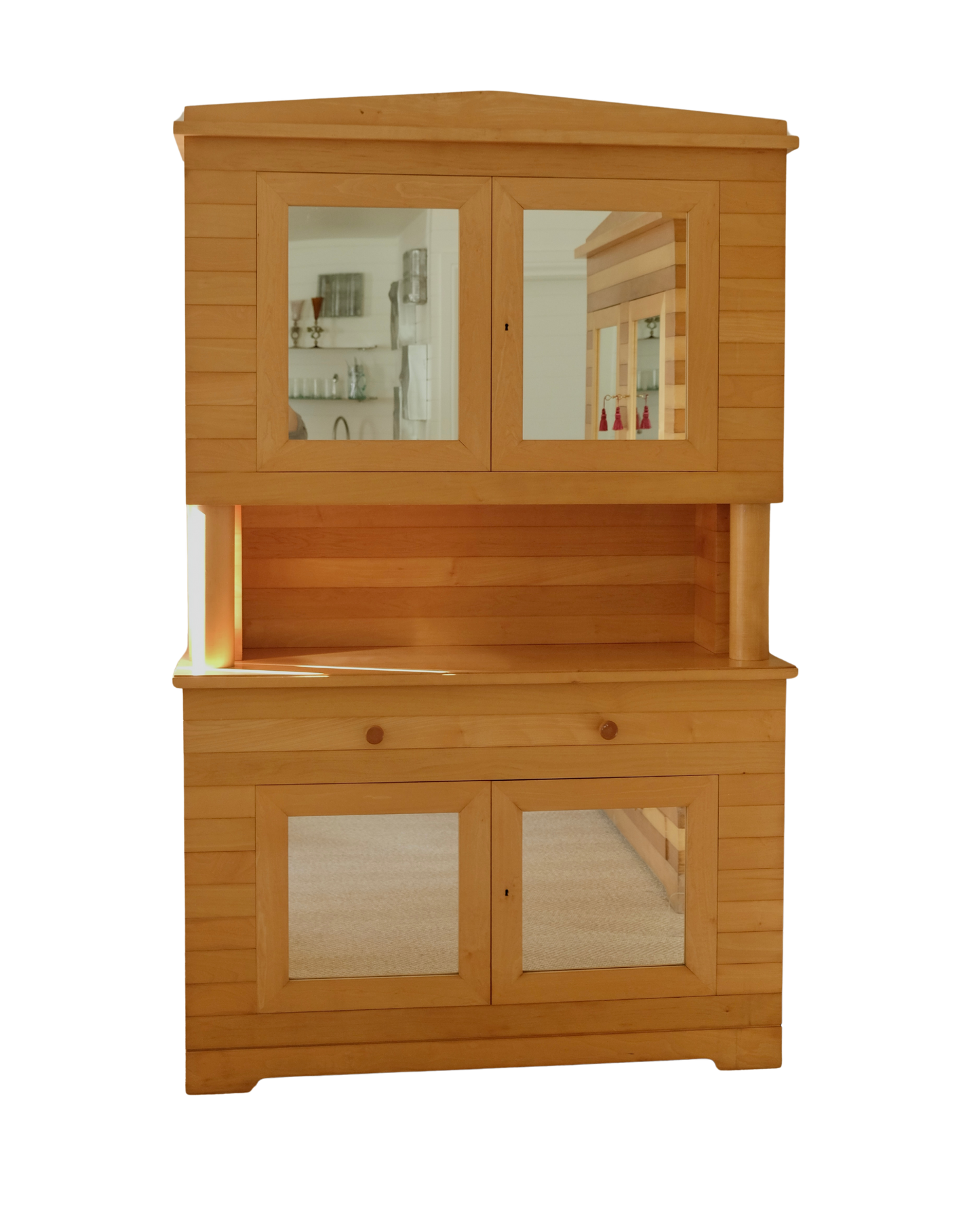 TALL SLATED PINE CONSOLE w. MIRRORED STORAGE