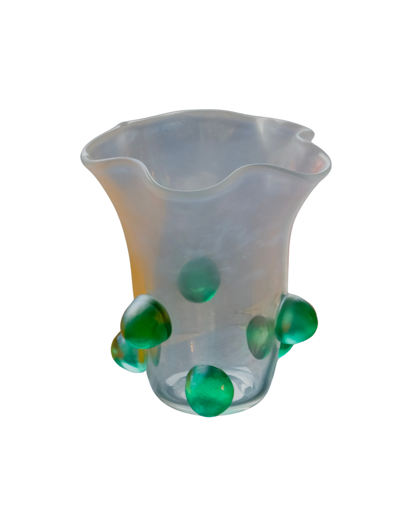 CLEAR IRIDESCENT MURANO ABSTRACT VASE w. GREEN SPOTS