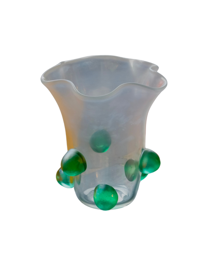 CLEAR IRIDESCENT MURANO ABSTRACT VASE w. GREEN SPOTS