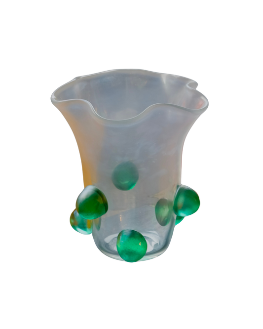 CLEAR IRIDESCENT MURANO ABSTRACT VASE w. GREEN SPOTS