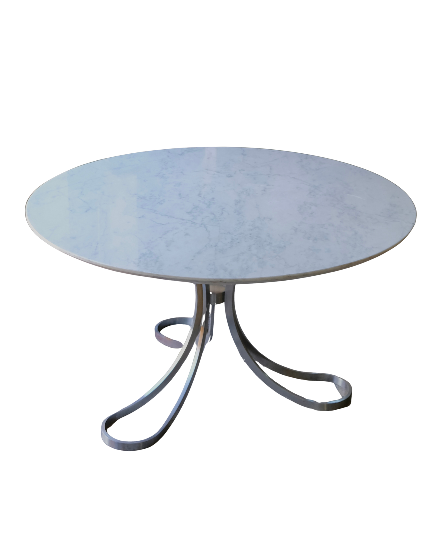 STAINLESS STEEL TRIPOD DINING TABLE w.  MARBLE TOP