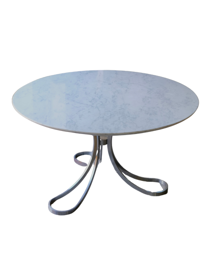STAINLESS STEEL TRIPOD DINING TABLE w.  MARBLE TOP