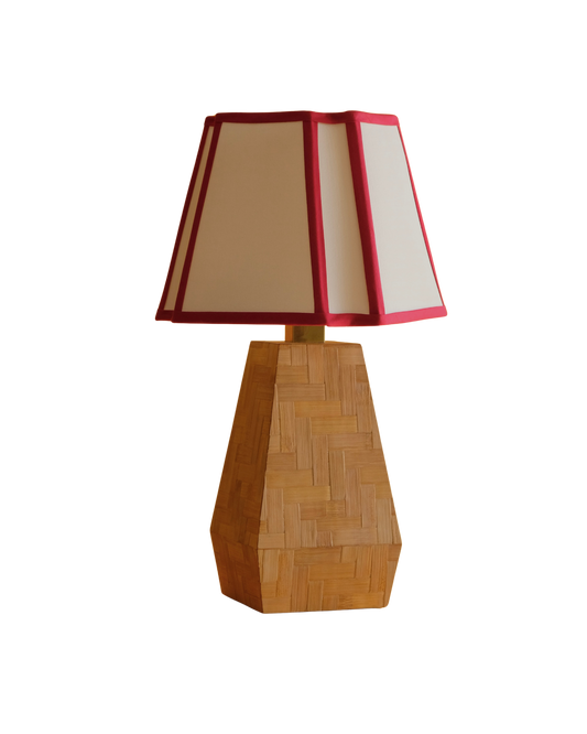 TAPERED FRENCH BAMBOO TABLE LAMP w. RED TRIM SHADE