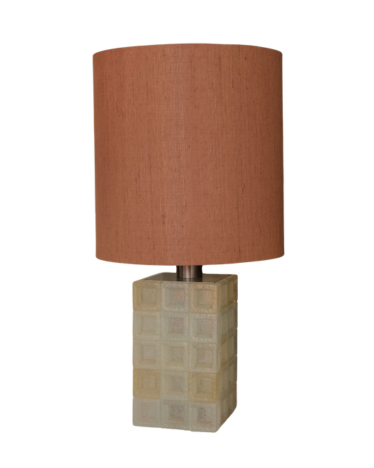MURANO GLASS INSET CUBE TABLE LAMP w. RAW SILK SHADE