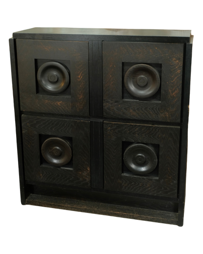BRUTALIST EBONIZED OAK CONSOLE w. CIRCLE DETAIL