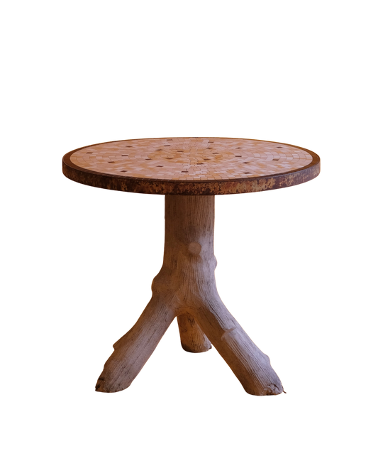 MOSAIC TILE TABLE w. SCULPTURAL CEMENT STUMP BASE