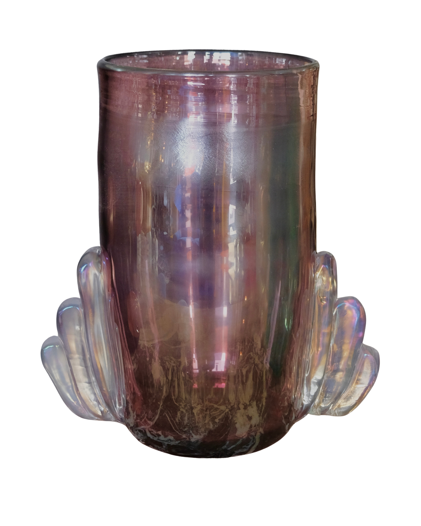 LAVENDER IRIDESCENT MURANO GLASS VASE w. WINGED DETAIL