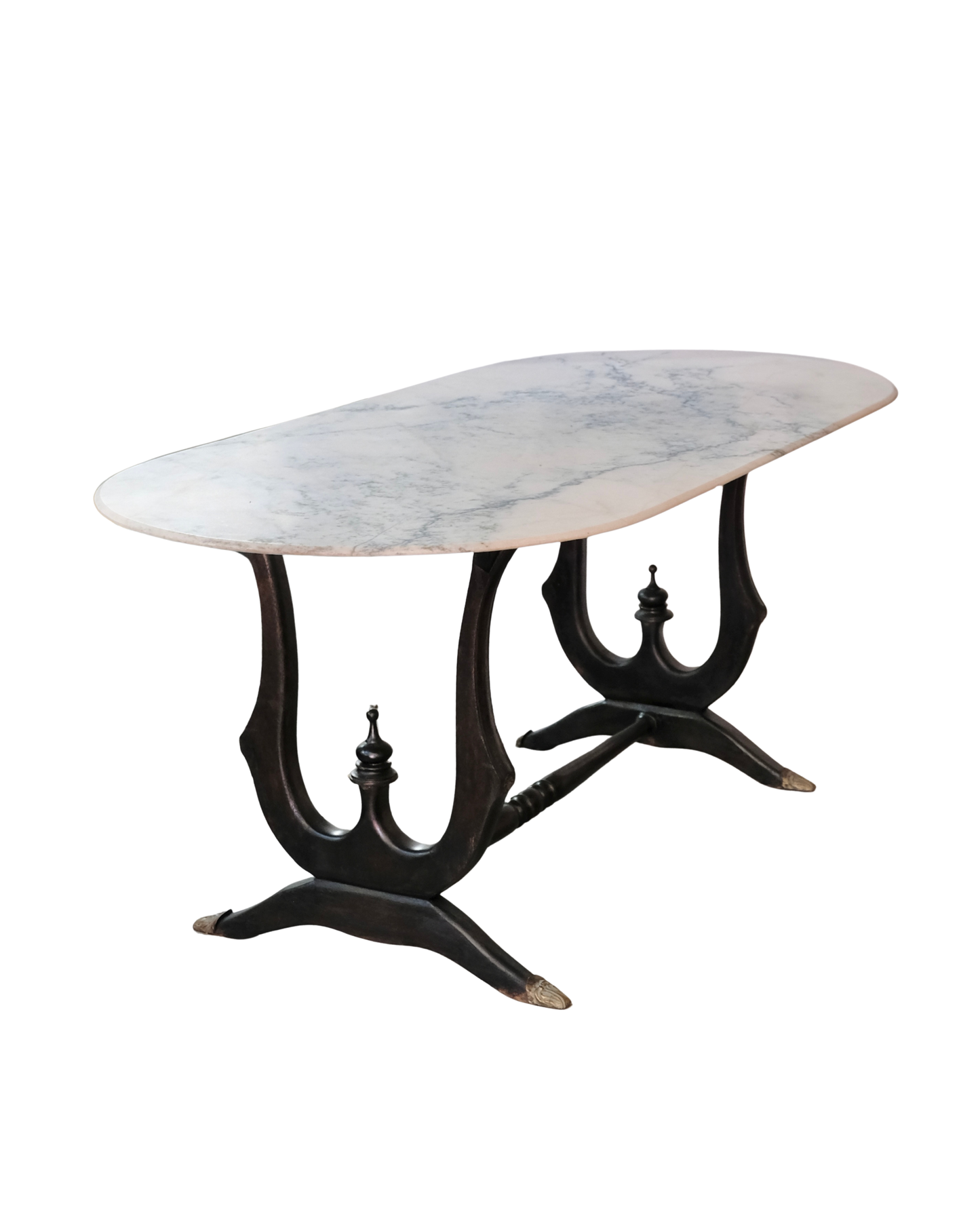 HAND CARVED WALNUT BASED BISTRO TABLE w. MARBLE TOP