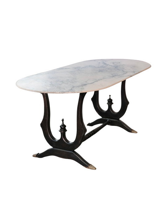 HAND CARVED WALNUT BASED BISTRO TABLE w. MARBLE TOP