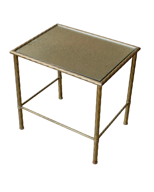 MIRRORED BRASS SIDE TABLE w. TWIST DETAIL