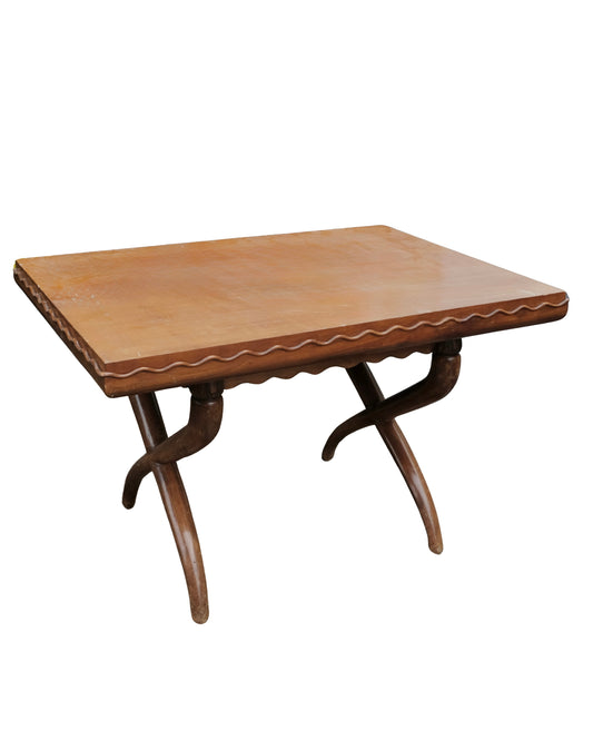 HAND CARVED CROSS LEG TABLE w. WAVE EDGE DETAIL