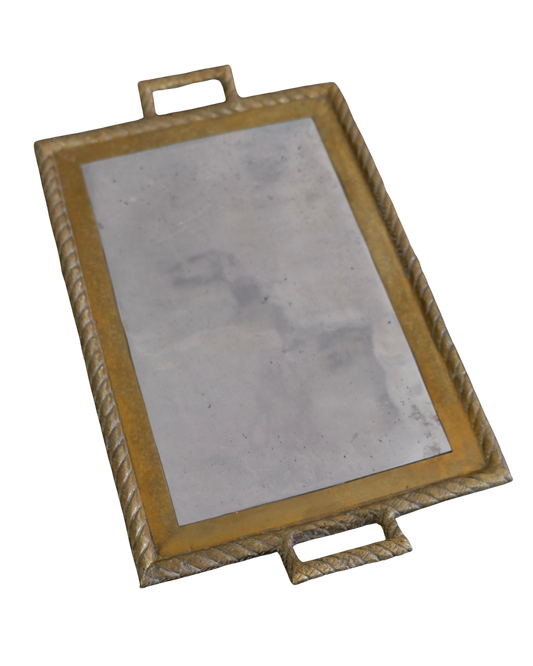 CAST ALUMINIUM TRAY w. BRASS FRAMED HANDLES