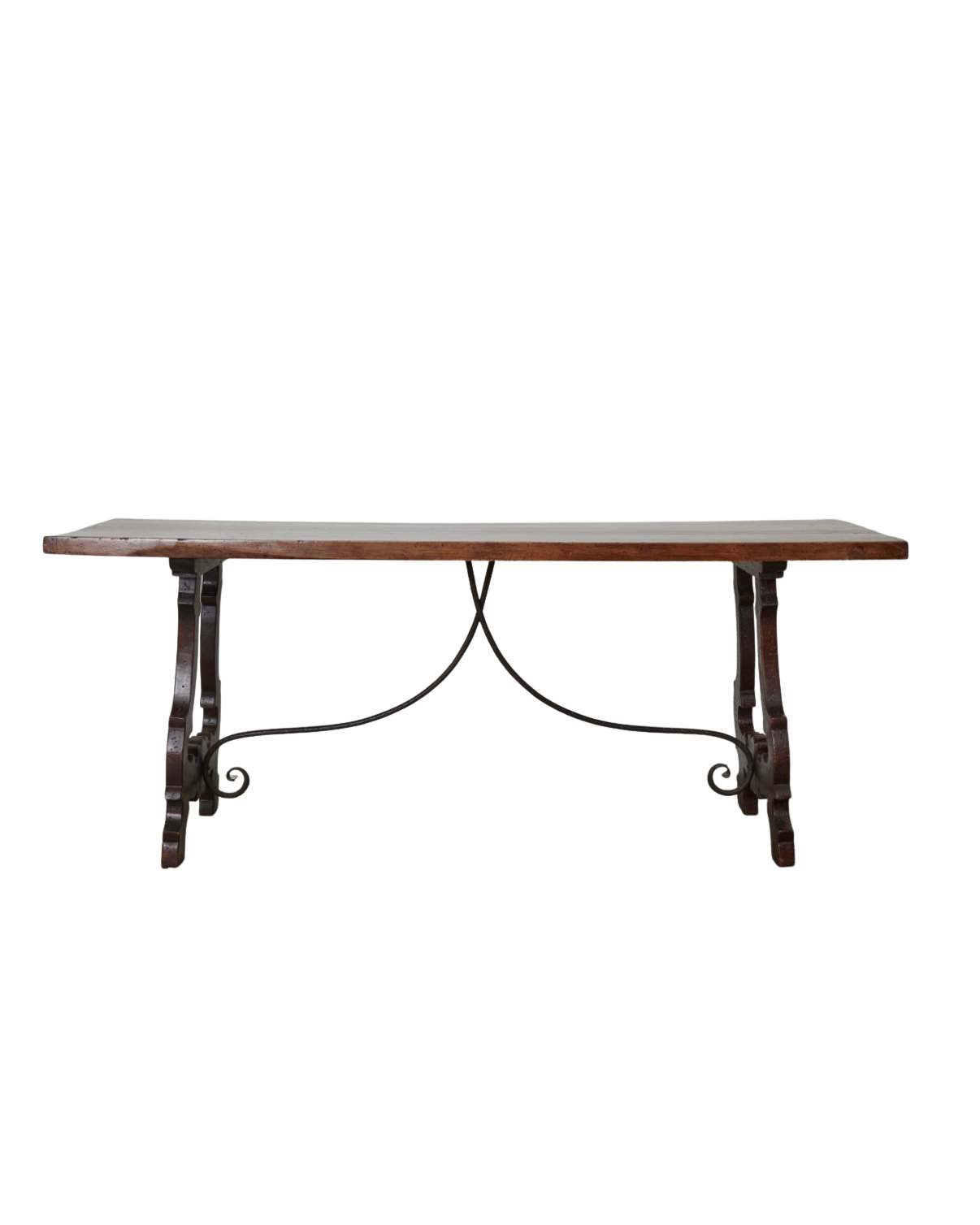 SPANISH WALNUT DINING TABLE w. WROUGHT IRON STRETCHER