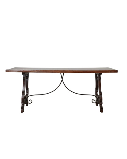 SPANISH WALNUT DINING TABLE w. WROUGHT IRON STRETCHER