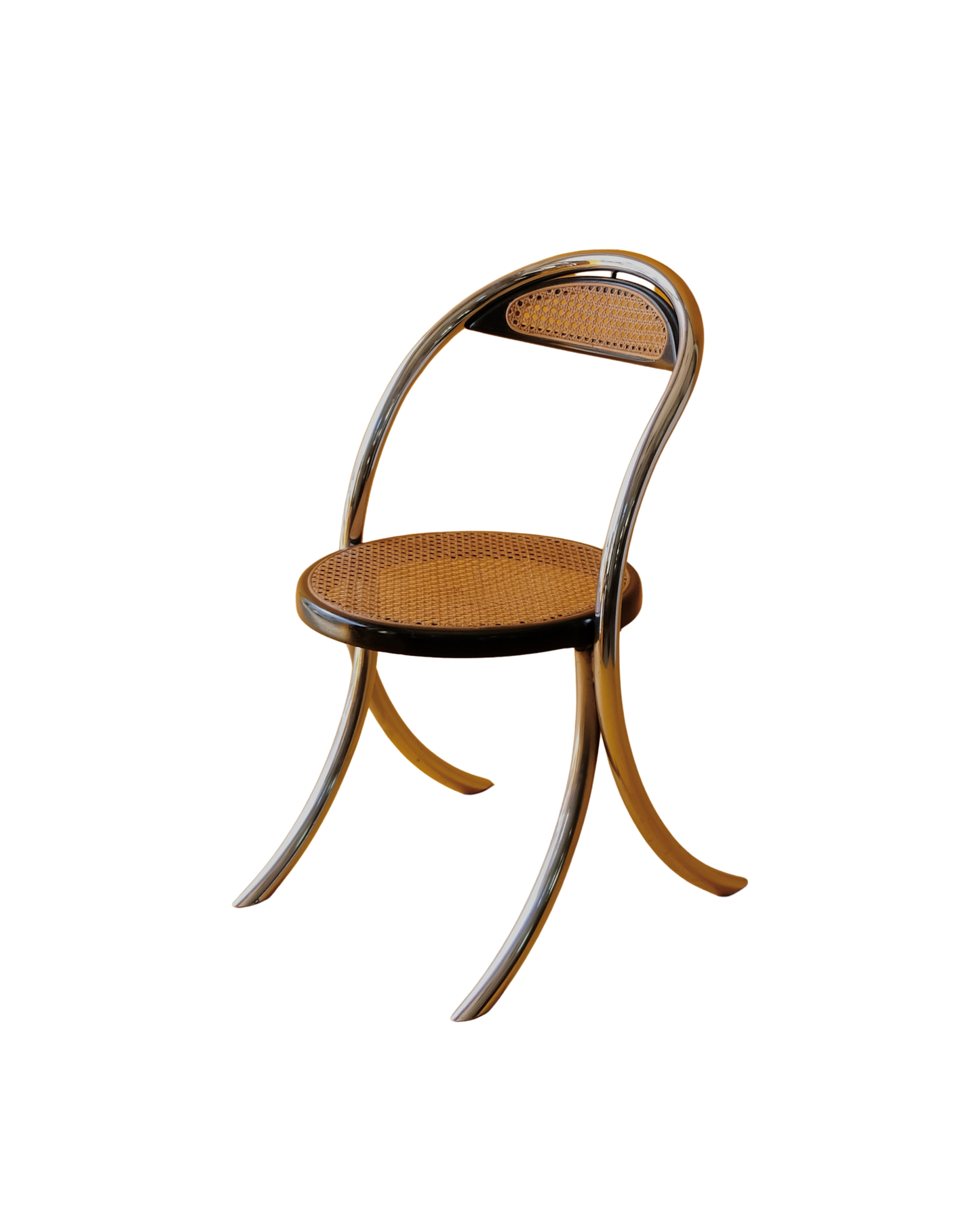 SET OF EIGHT CURVED CHROME & RATTAN CHAIRS