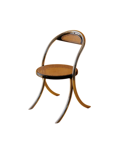 SET OF EIGHT CURVED CHROME & RATTAN CHAIRS