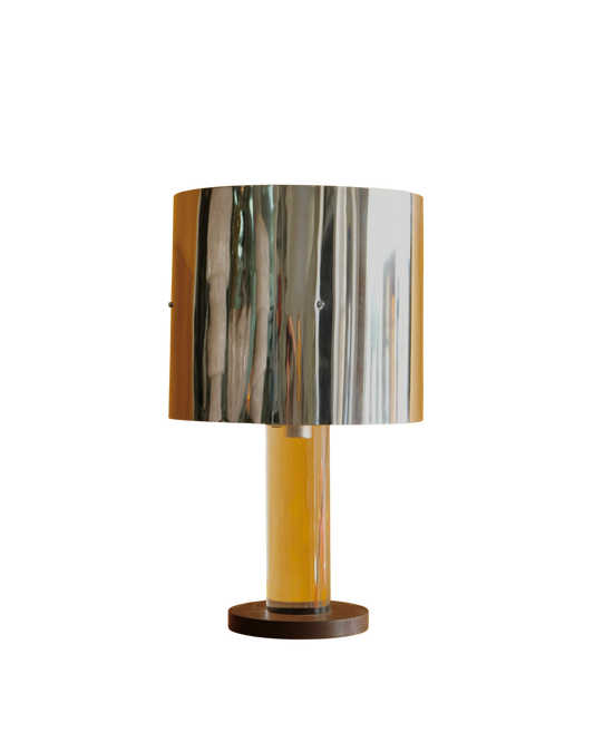 CHROME GUZZINI TABLE LAMP w. WALNUT & LUCITE BASE