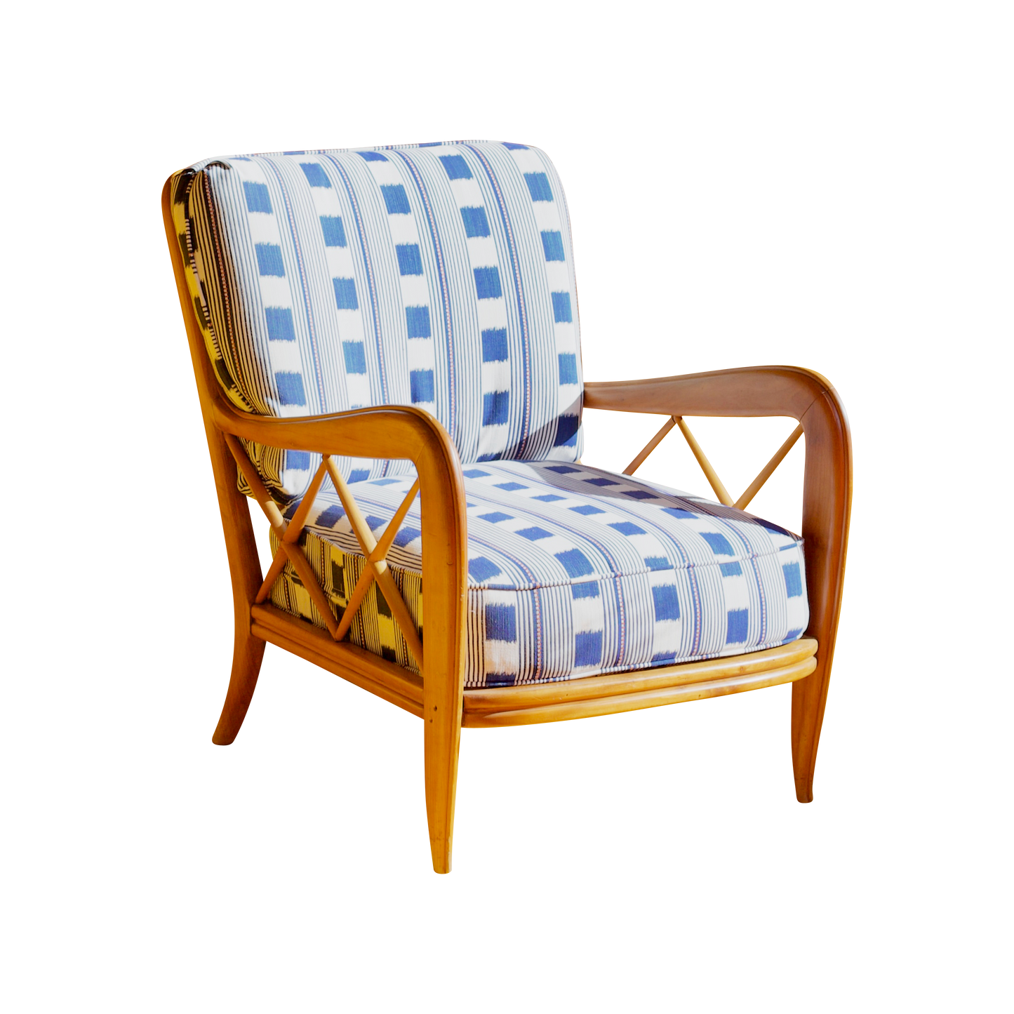 ARMCHAIR w. BLUE PATTERN UPHOLSTERY