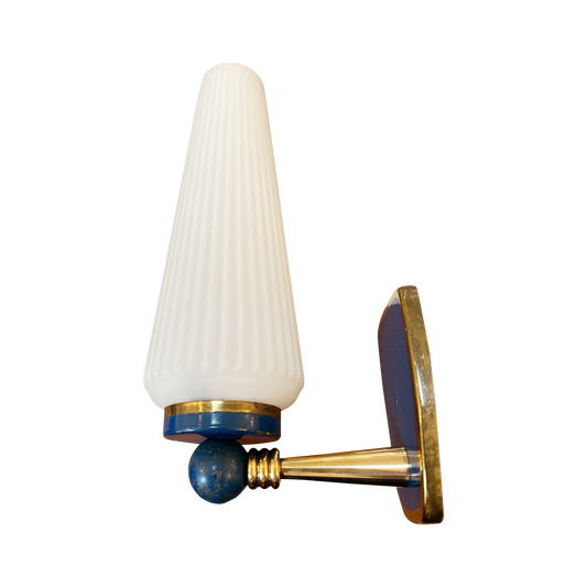 TRIO OF BRASS ART DECO SCONCES w. BLUE DETAIL