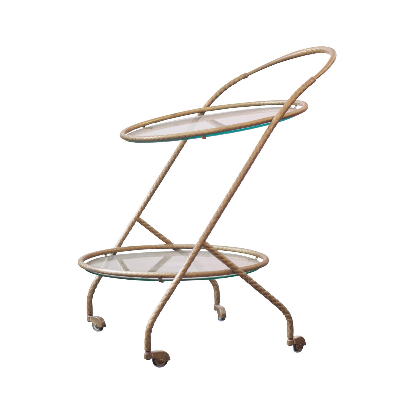 BRASS DRINKS TROLLEY w. TWO TRAYS AND SIMULATED ROPE WORK BRASS FRAME