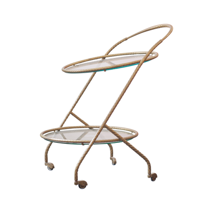 BRASS DRINKS TROLLEY w. TWO TRAYS AND SIMULATED ROPE WORK BRASS FRAME