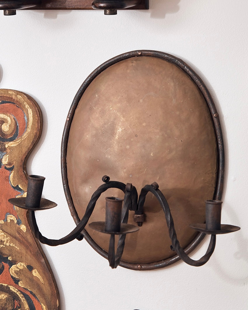 IRON WALL SCONCE w. THREE ARMED CANDLE HOLDER