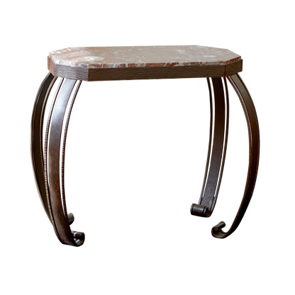 CURVED IRON LEG MARBLE SIDE TABLE w. HANDMADE MARKINGS