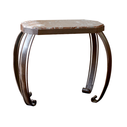 CURVED IRON LEG MARBLE SIDE TABLE w. HANDMADE MARKINGS