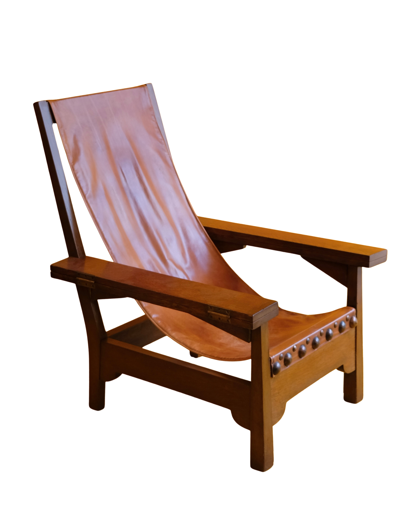 OAK FRAME LEATHER SLING CHAIR w. FOLD OUT ARMS