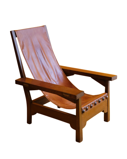 OAK FRAME LEATHER SLING CHAIR w. FOLD OUT ARMS