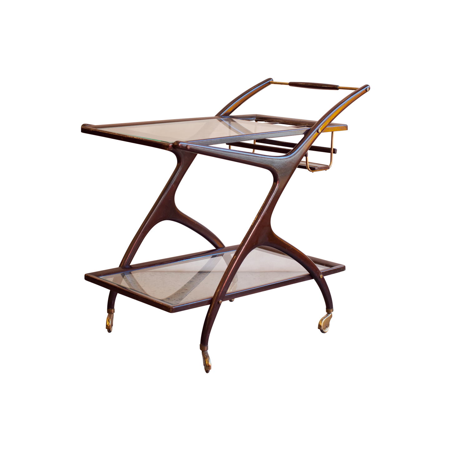 DARK TIMBER & BRASS BAR CART w. BOTTLE STORAGE
