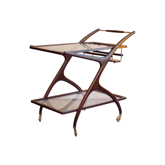 DARK TIMBER & BRASS BAR CART w. BOTTLE STORAGE