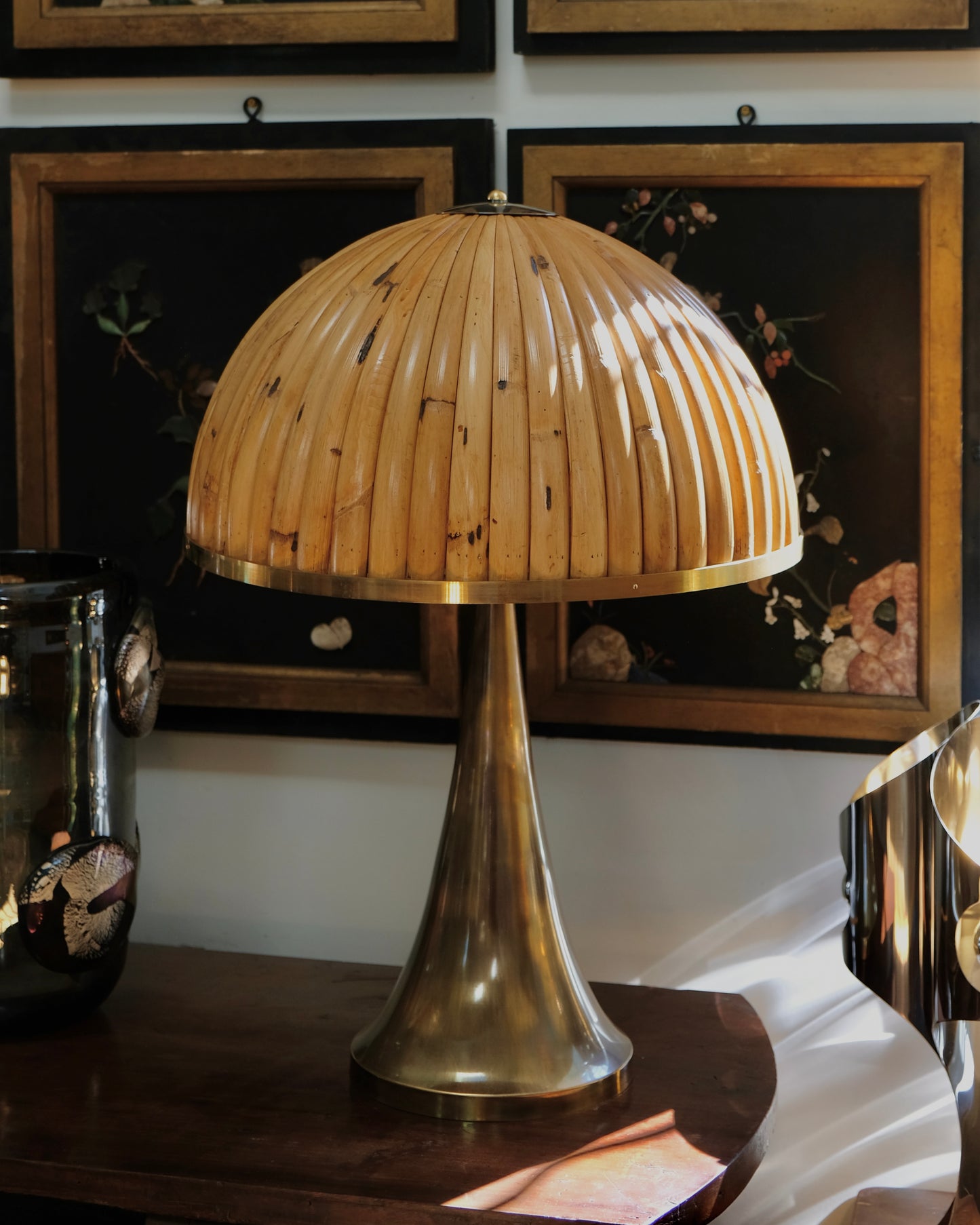 TAPERED BRASS TABLE LAMPS w. BAMBOO SHADE