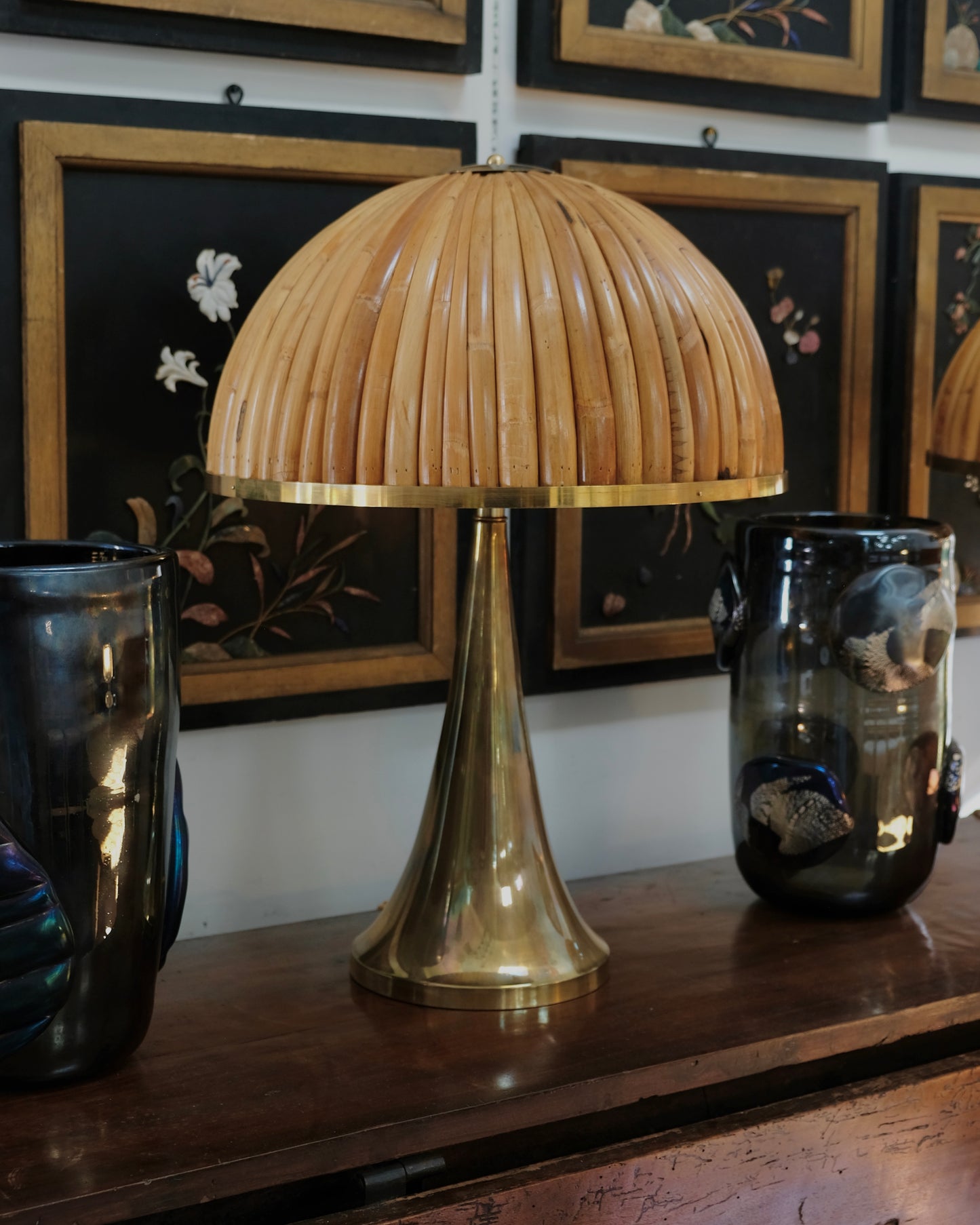 TAPERED BRASS TABLE LAMPS w. BAMBOO SHADE