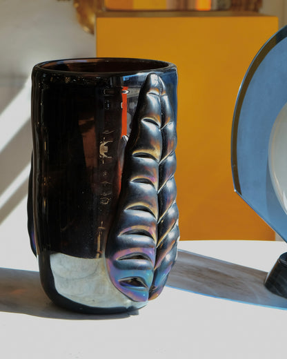 DARK IRIDESCENT MURANO VASE w. LEAF DETAIL