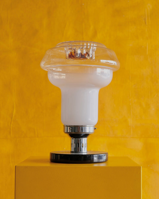 MURANO MILK GLASS TABLE LAMPS w. DRIPPED AMBER TOP
