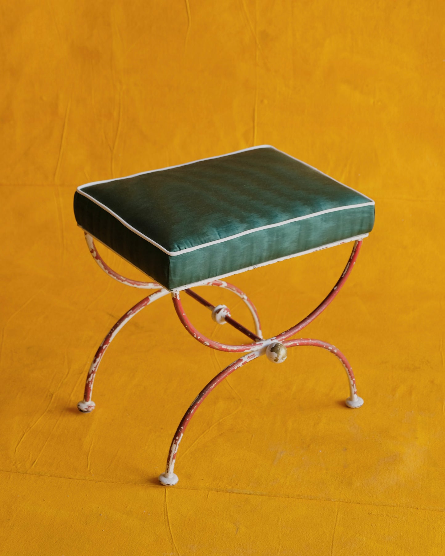 STEEL CURULE STOOL w. MOIRE SILK SEAT