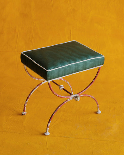 STEEL CURULE STOOL w. MOIRE SILK SEAT