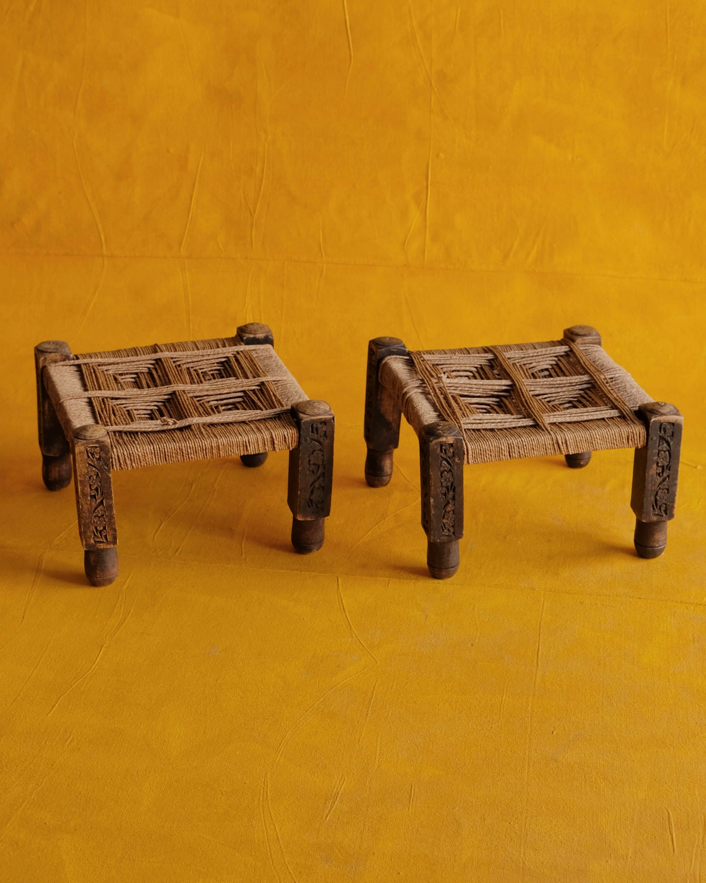 PAIR OF FRENCH HANDMADE WOVEN ROPE STOOLS