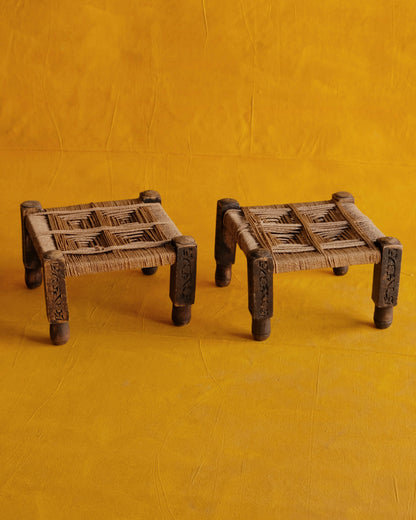 PAIR OF FRENCH HANDMADE WOVEN ROPE STOOLS