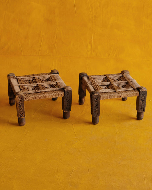 PAIR OF FRENCH HANDMADE WOVEN ROPE STOOLS