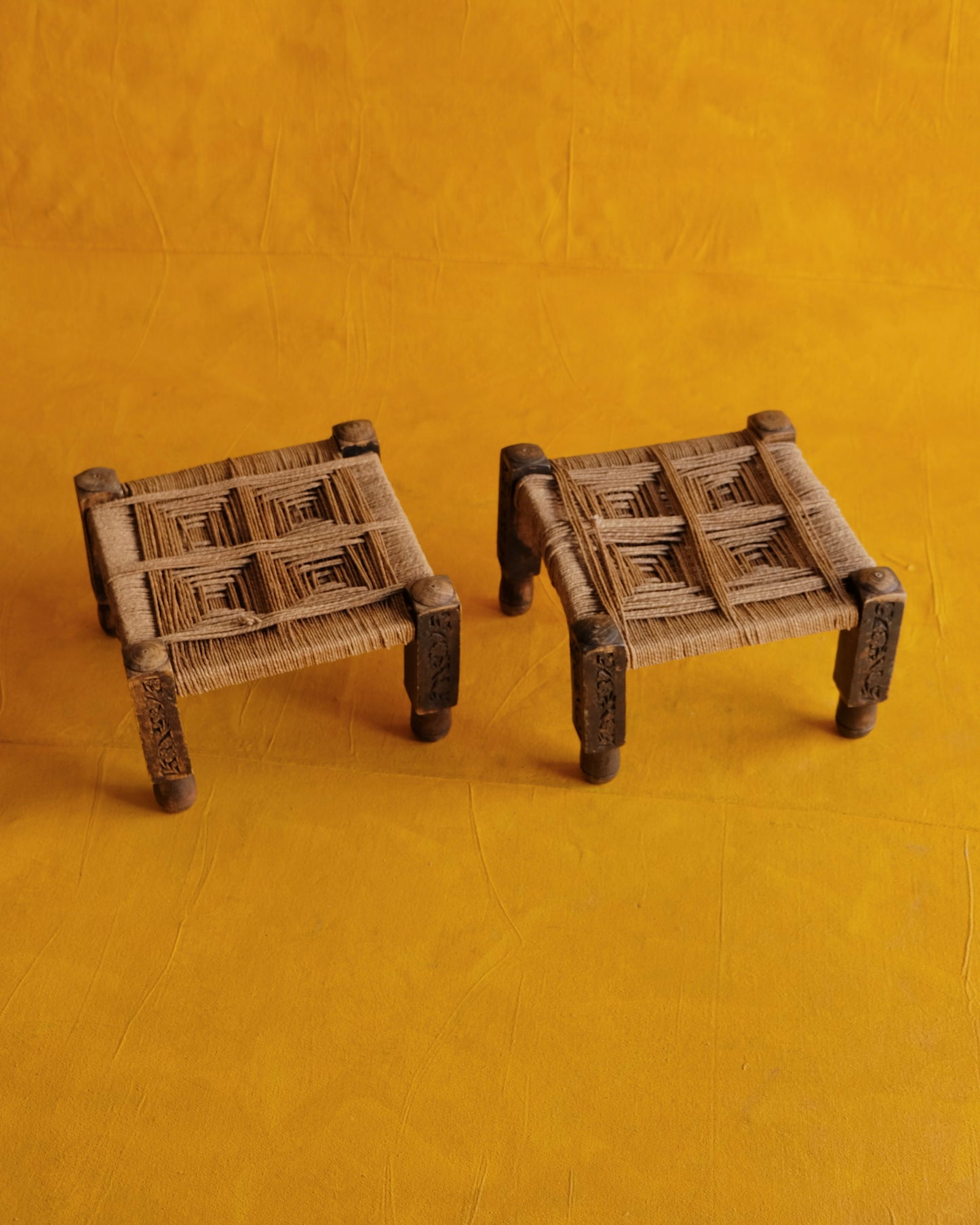 PAIR OF FRENCH HANDMADE WOVEN ROPE STOOLS