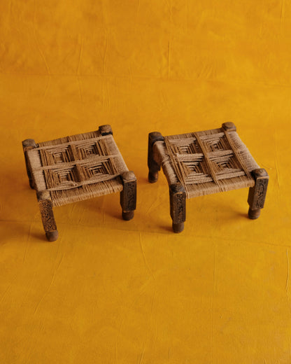 PAIR OF FRENCH HANDMADE WOVEN ROPE STOOLS